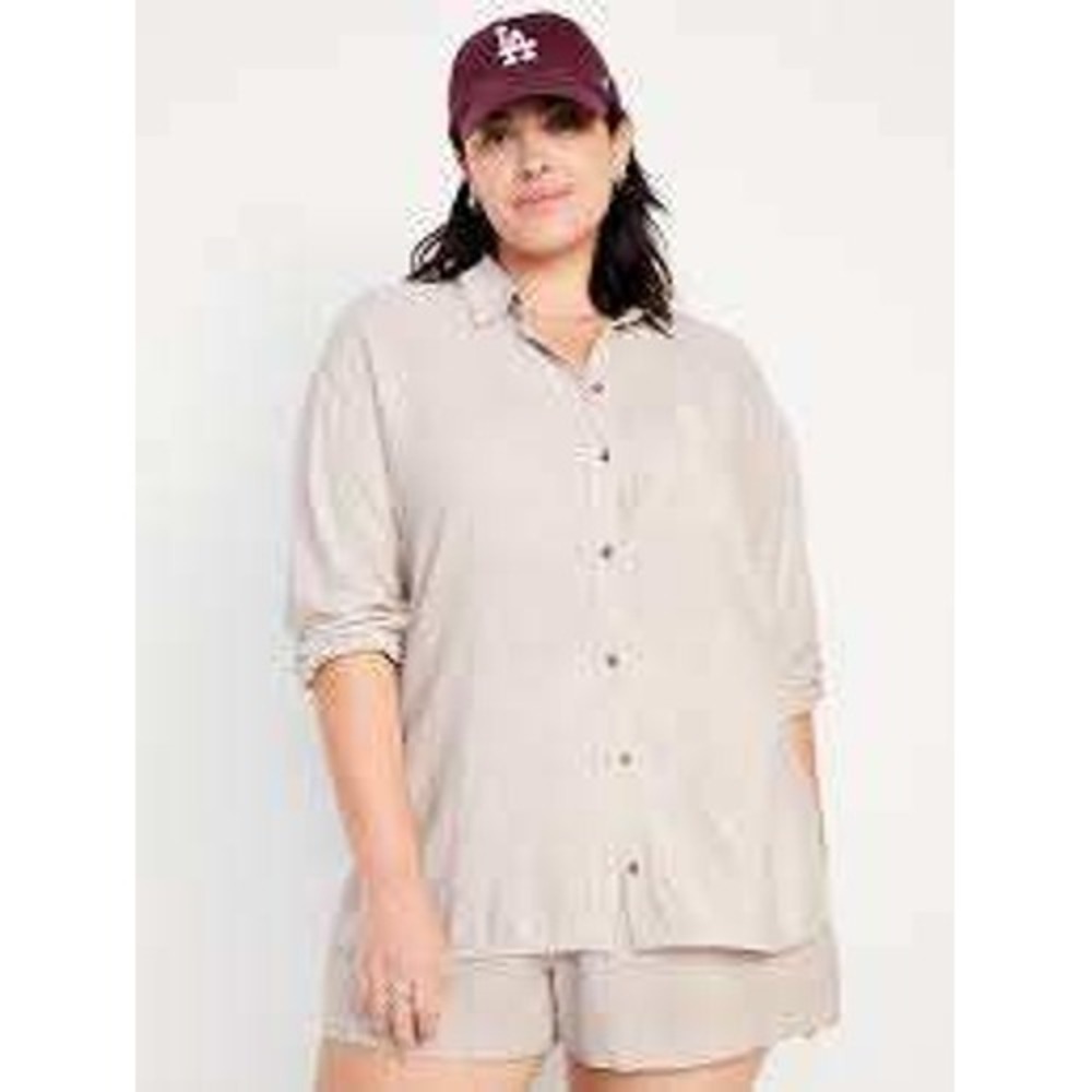 Old Navy Boyfriend Shirt Women XL Tan Linen Blend Button Down Pocket Oversized